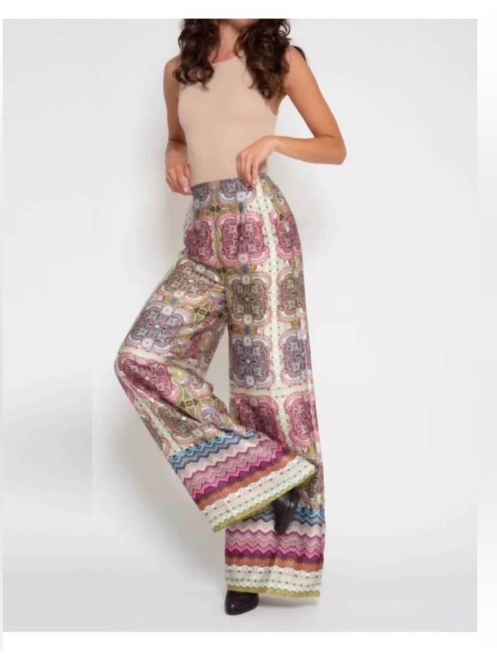 Ciebon Wide Leg Satin Palazzo Pants Multi Print Size XS